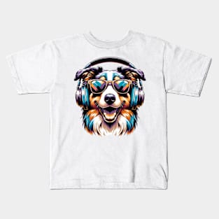 Australian Shepherd Smiling DJ with Stylish Headphones Kids T-Shirt